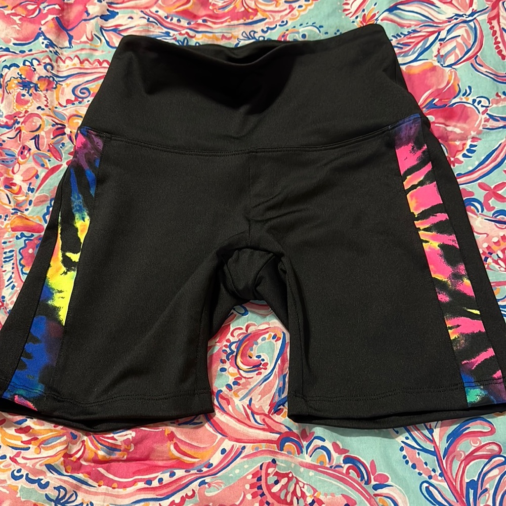 PINK Victoria’s Secret Bike Shorts Size XS Black Tie Dye Sides Worn Once Rainbow